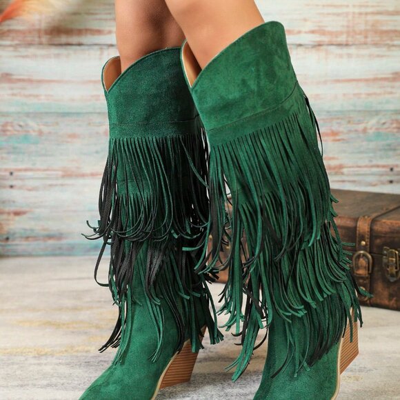 Green Western Women's Knee-High Faux Suede Cowboy Boots - Picture 5 of 7